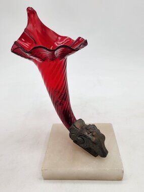 Vintage Red Glass Jack In Pulpit Vase With Rams Head On Alabaster Base